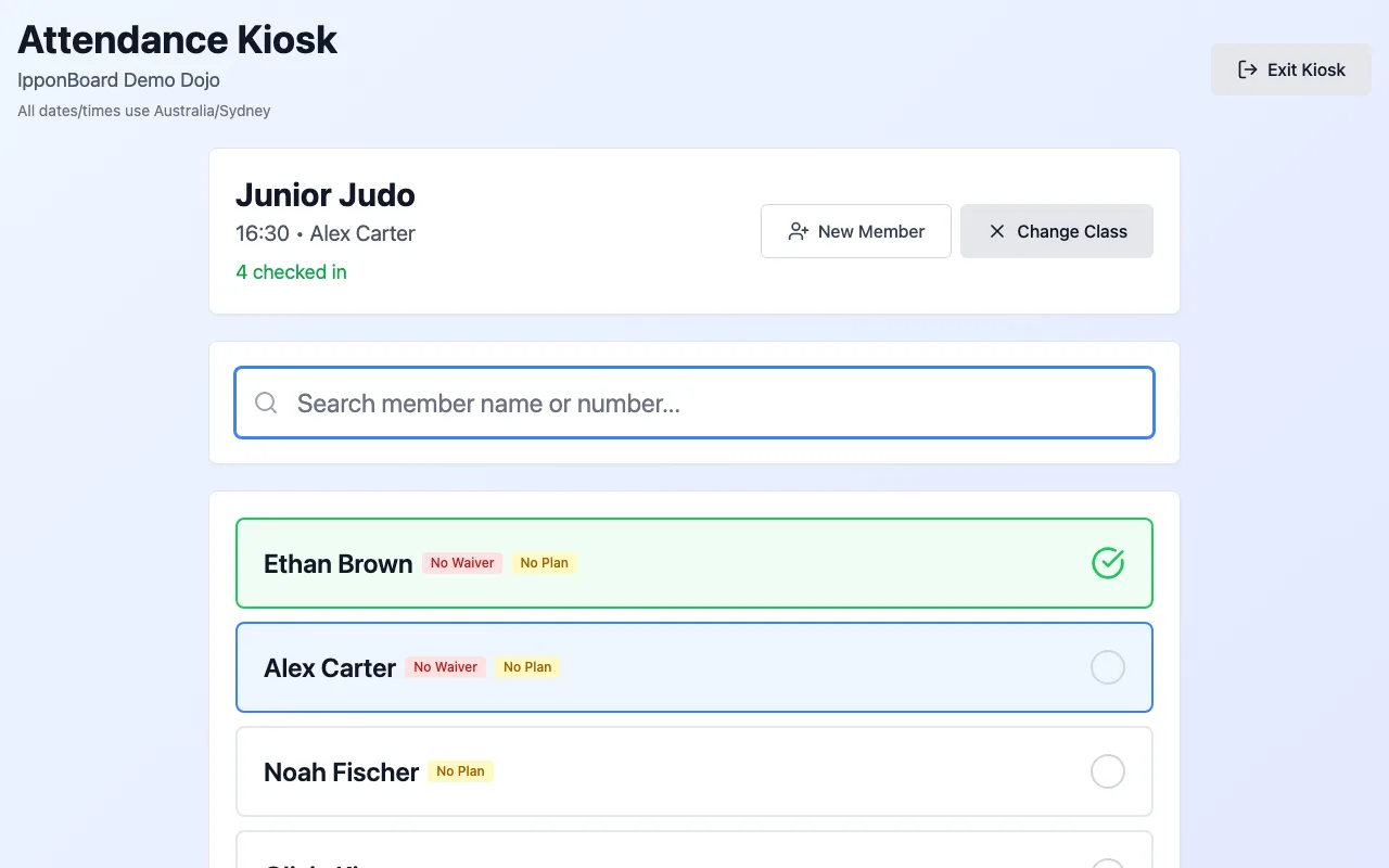 The Attendance Kiosk for Junior Judo: the class and how many are checked in, New Member and Change Class buttons, a search box and members' names to tap