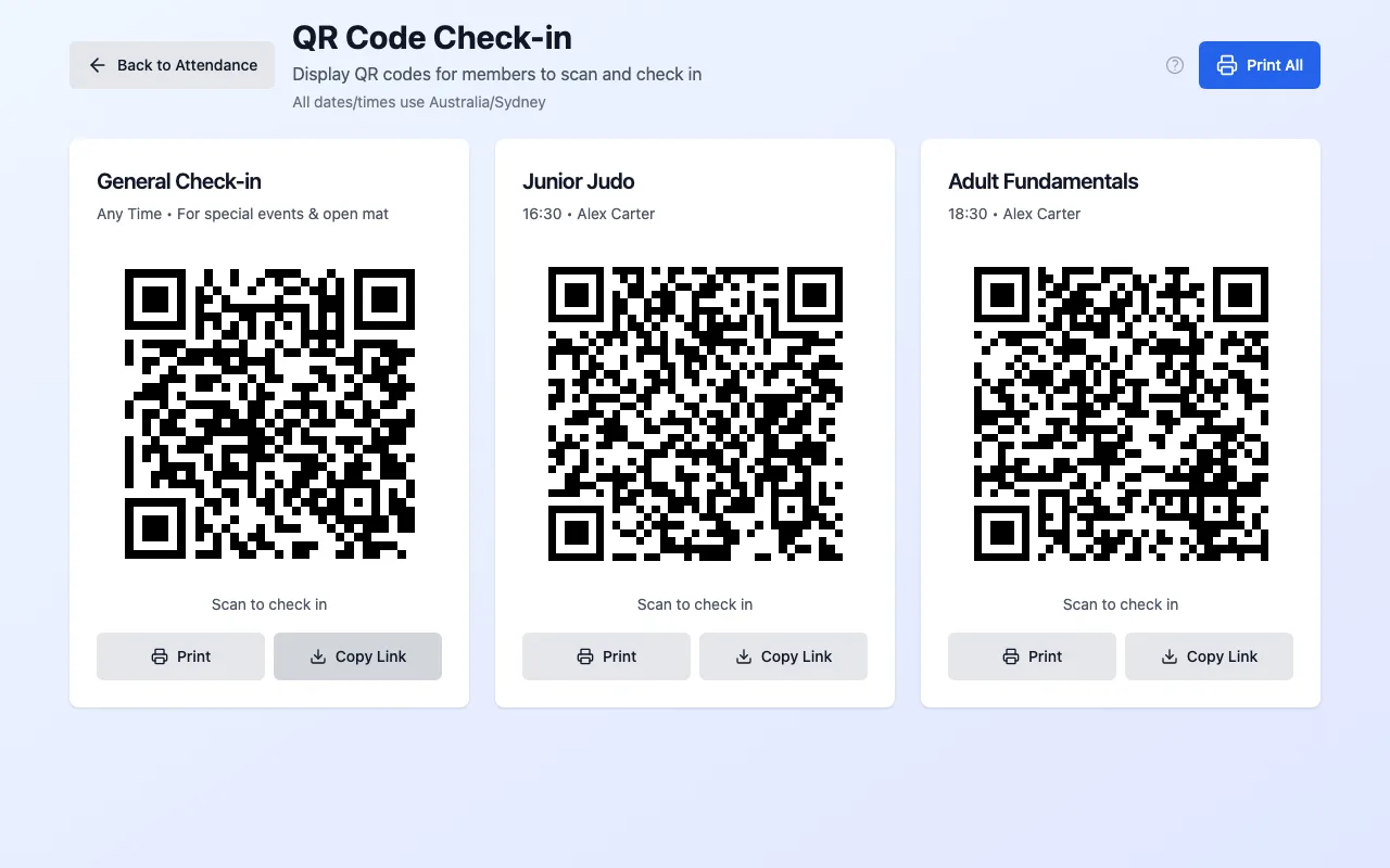 QR Code Check-in: a QR code for General Check-in and one for each of today's classes, each with Print and Copy Link, and Print All at the top
