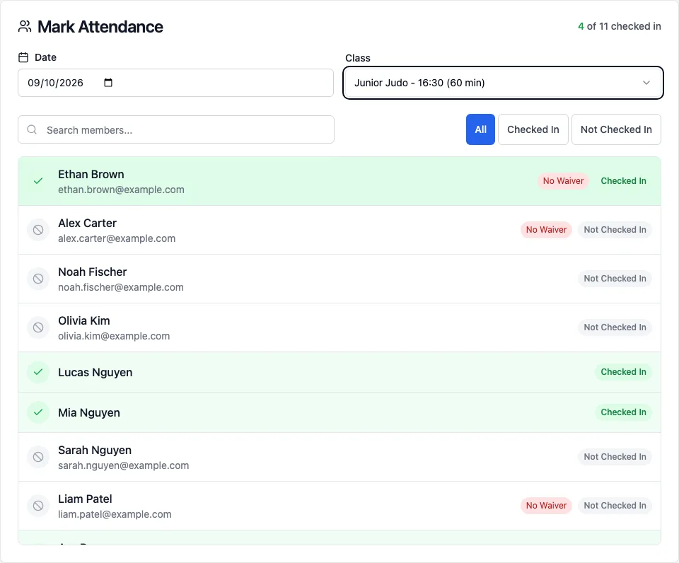 Mark Attendance for Junior Judo: a list of members, some marked Checked In in green, with search and All, Checked In and Not Checked In filters