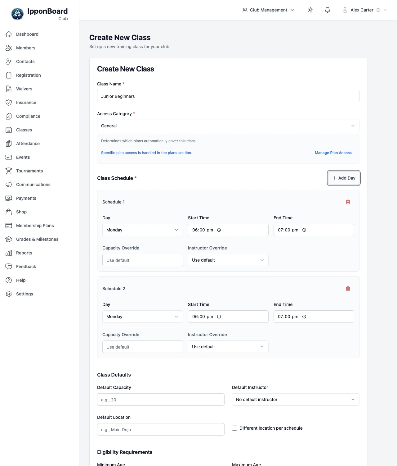 The Create New Class form: Class Name, Access Category, and Class Schedule with Day, Start Time, End Time, Capacity Override and Instructor Override, and an Add Day button