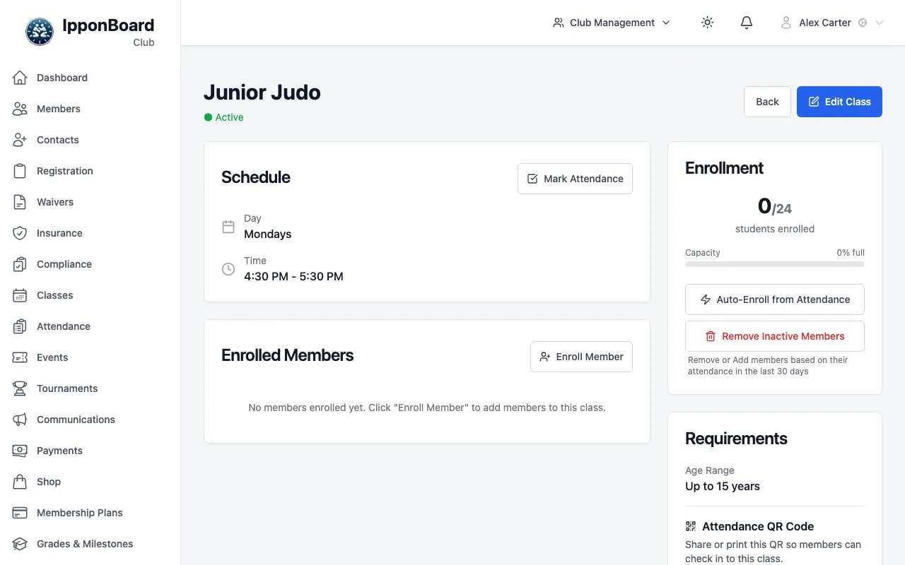 A class's page: Schedule with Mark Attendance, Enrolled Members with Enroll Member, and on the right Enrollment, Requirements, Attendance QR Code and Plans with Access