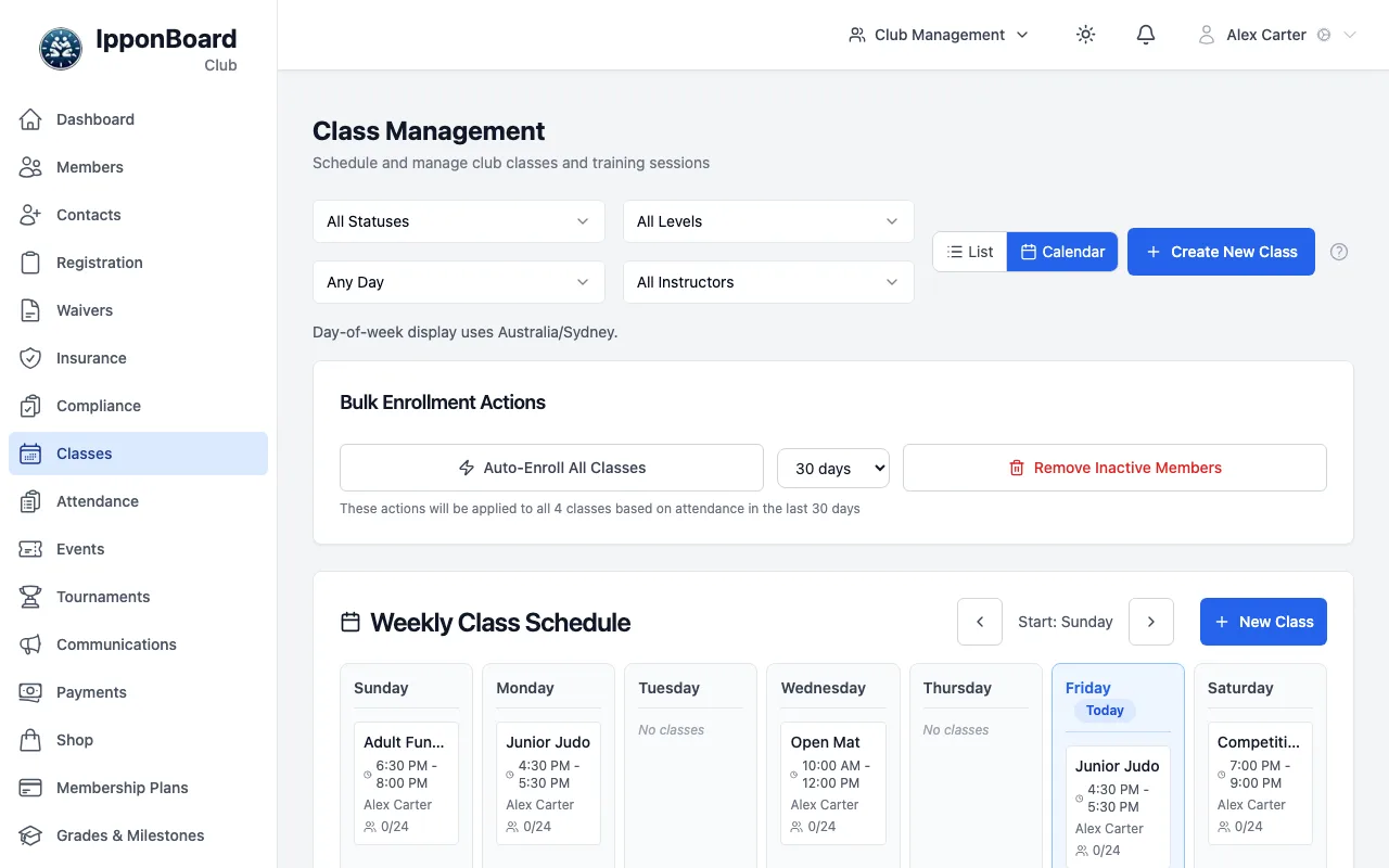 The Class Management page in List view: filters, List and Calendar buttons, Create New Class, Bulk Enrollment Actions, and a card for each class