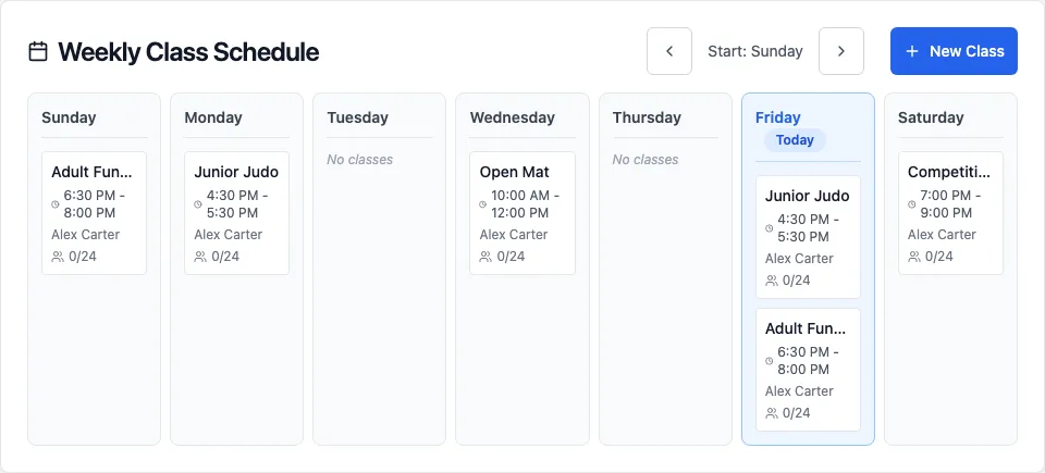 The Weekly Class Schedule: classes on each day of the week with times, instructor and numbers, today highlighted, and a New Class button