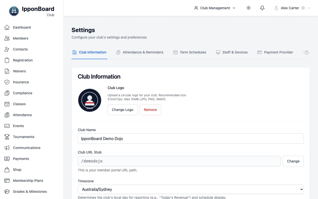 Settings, Club Information tab: the settings tabs along the top (Platform Billing is scrolled off to the right), the club logo with Change Logo, and the Club Name, Club URL Stub and Timezone fields
