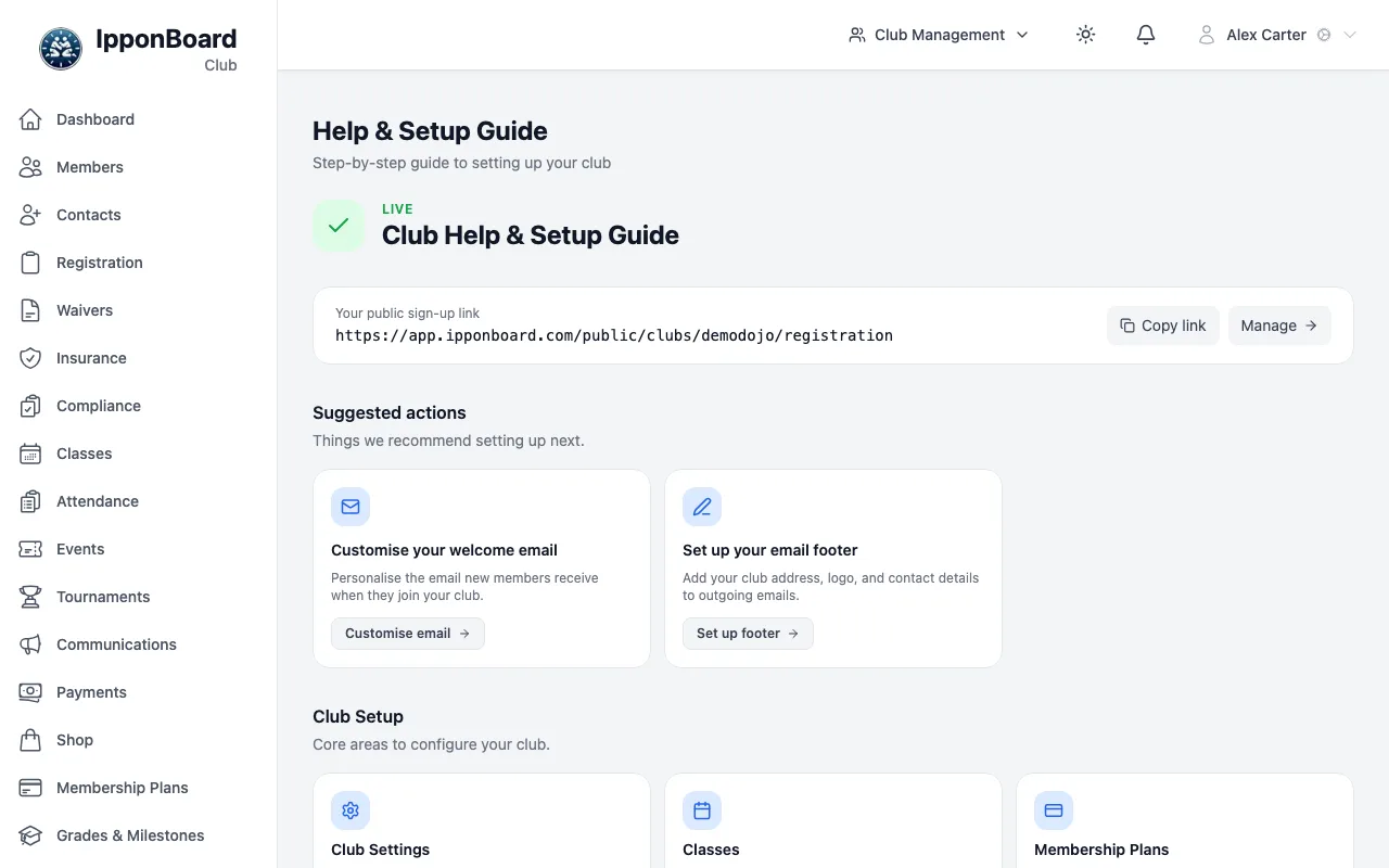 The Club Help & Setup Guide page: the public sign-up link with Copy link and Manage, Suggested actions cards, and the Club Setup cards
