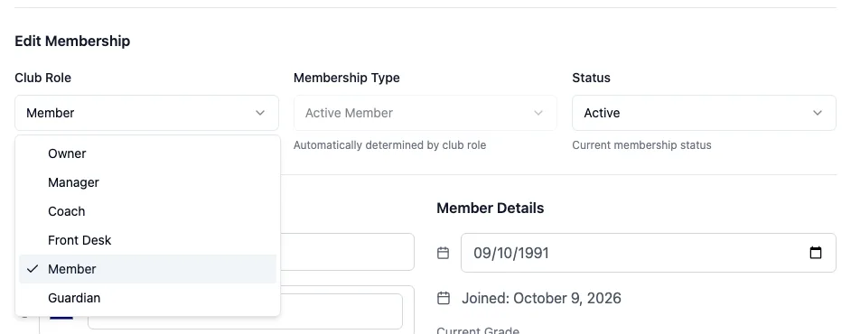 Edit Membership on a member's profile, with the Club Role list open: Owner, Manager, Coach, Front Desk, Member and Guardian