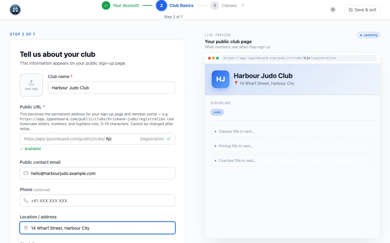 The club wizard on Club Basics: the step bar along the top, the club name, public URL, contact email and address fields, and a preview of the sign-up page on the right