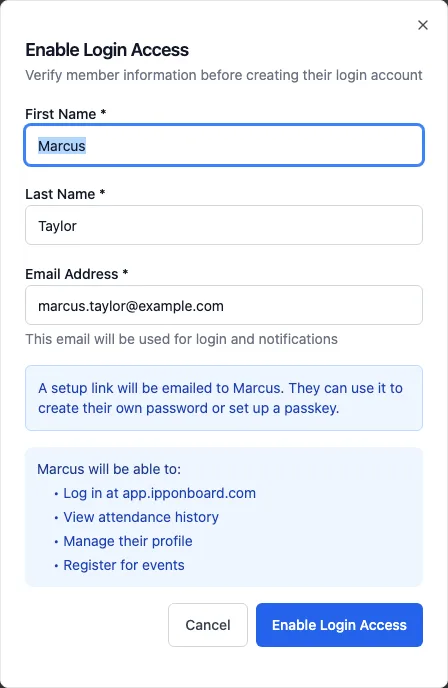 The Enable Login Access dialog: First Name, Last Name and Email Address fields, a note that a setup link will be emailed, and the Enable Login Access button