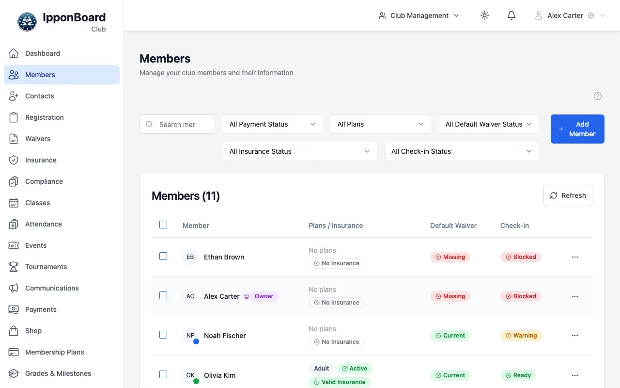 The Members page: a search box, filter dropdowns, the Add Member button, and a table of members with their plans, default waiver and check-in status