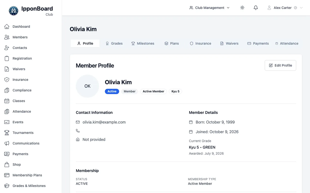 A member's profile on the Profile tab: the tab bar (Profile, Grades, Milestones, Plans, Insurance, Waivers, Payments, Attendance), the Member Profile card with an Edit Profile button, contact information and emergency contact