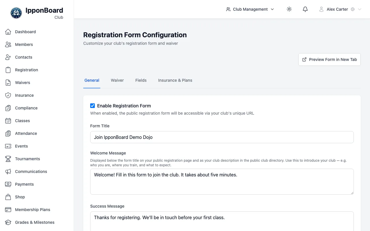 The Registration Form Configuration page on the General tab: Enable Registration Form, Form Title, Welcome Message, Success Message and the Form Options checkboxes