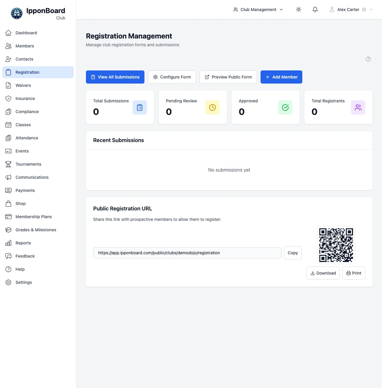 The Registration Management page: View All Submissions, Configure Form, Preview Public Form and Add Member buttons, four counts, Recent Submissions, and the Public Registration URL with a QR code
