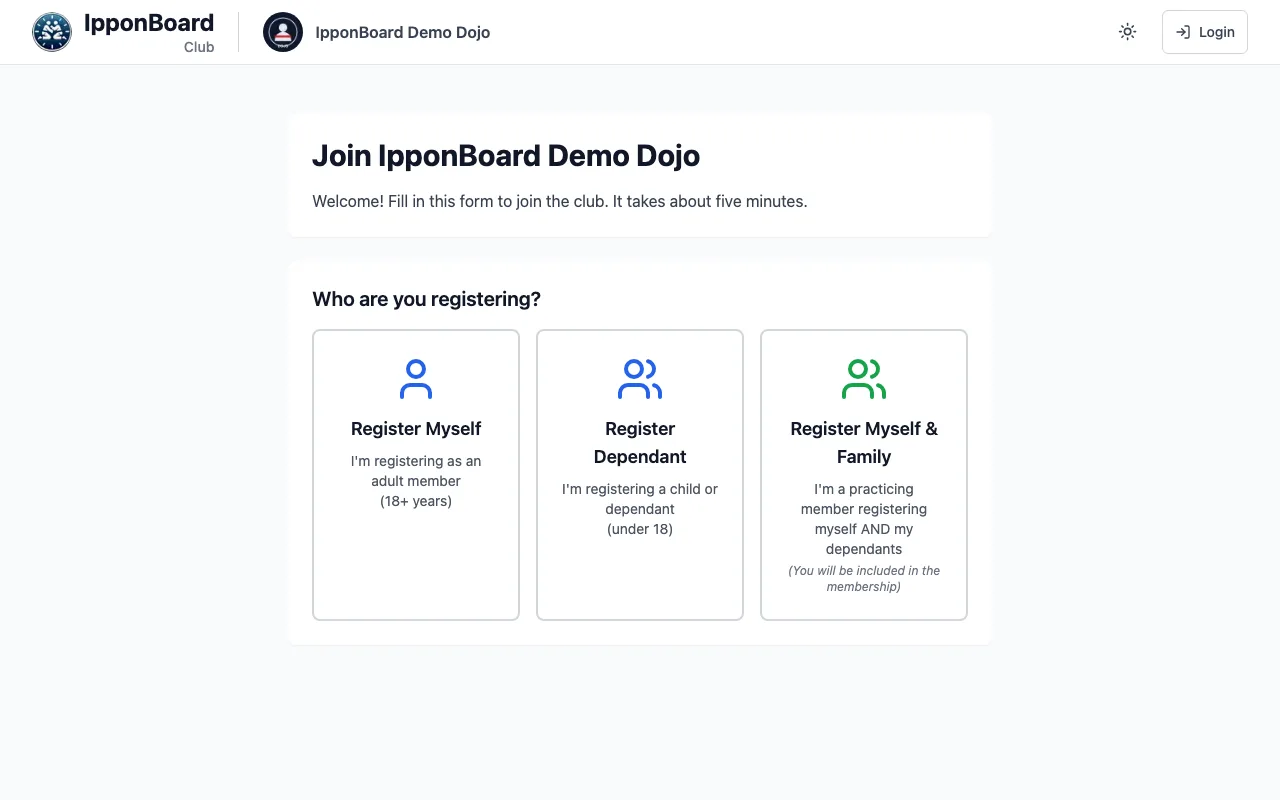 The public registration form for IpponBoard Demo Dojo asking Who are you registering?, with Register Myself, Register Dependant and Register Myself & Family