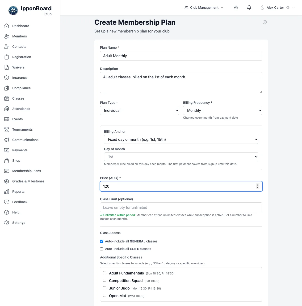 The Create Membership Plan form: Plan Name Adult Monthly, Billing Frequency Monthly, Billing Anchor Fixed day of month on the 1st, Price, Class Limit and Class Access