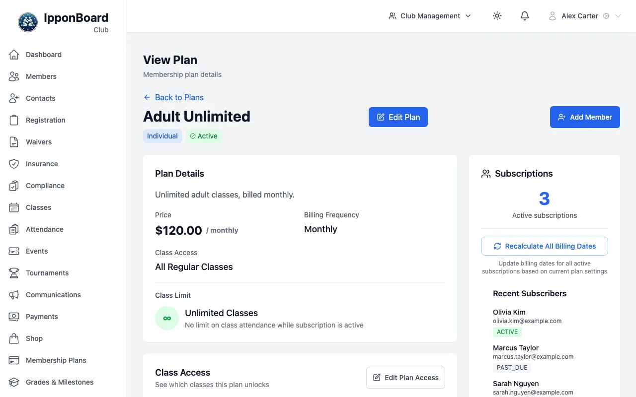 A membership plan's page: Plan Details with the price, billing frequency, class access and class limit on the left, the Class Access card starting below; Subscriptions with Recalculate All Billing Dates and Recent Subscribers on the right; Edit Plan and Add Member buttons at the top