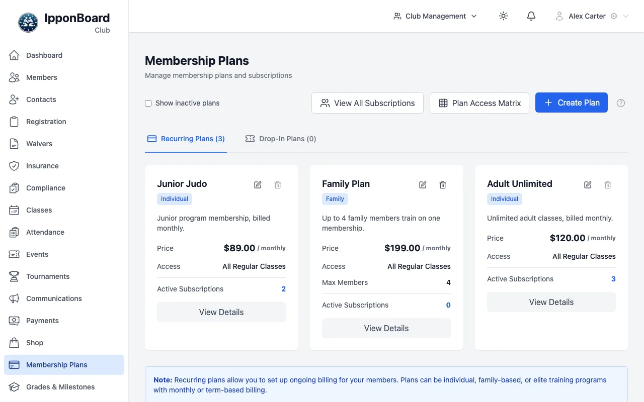 The Membership Plans page: Recurring Plans and Drop-In Plans tabs, and a card for each plan showing its type, price, access and active subscriptions