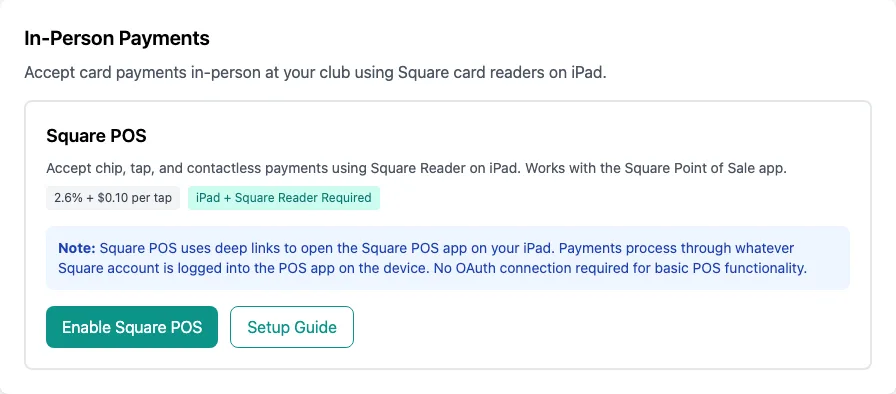 The In-Person Payments section of Payment Providers: the Square POS card with its fees, a note on how it works, and the Enable Square POS and Setup Guide buttons