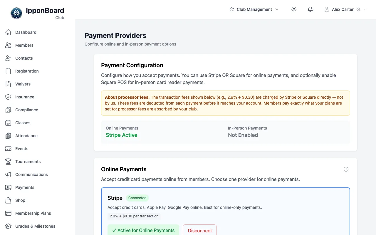 Payment Providers: Payment Configuration showing Stripe Active for online payments, and the Stripe card marked Connected and Active for Online Payments