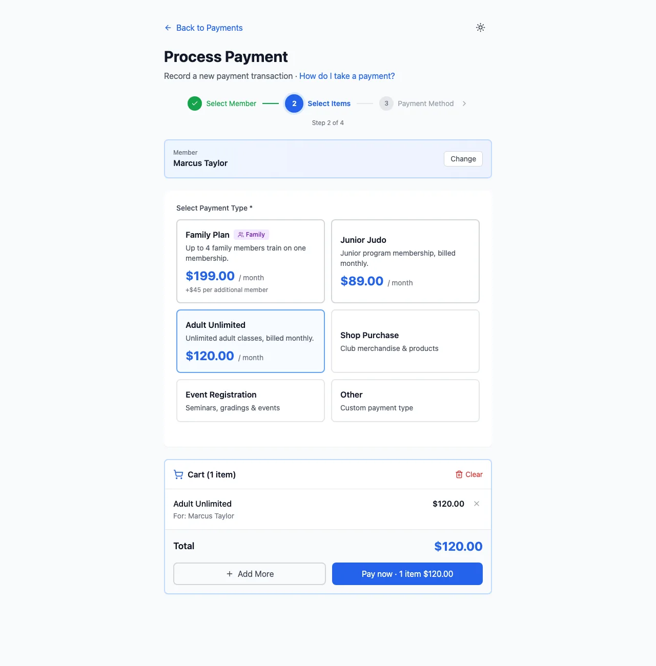 Process Payment, step 2, Select Items: plan cards, Shop Purchase, Event Registration and Other, and a cart with Adult Unlimited for Marcus Taylor and Pay now