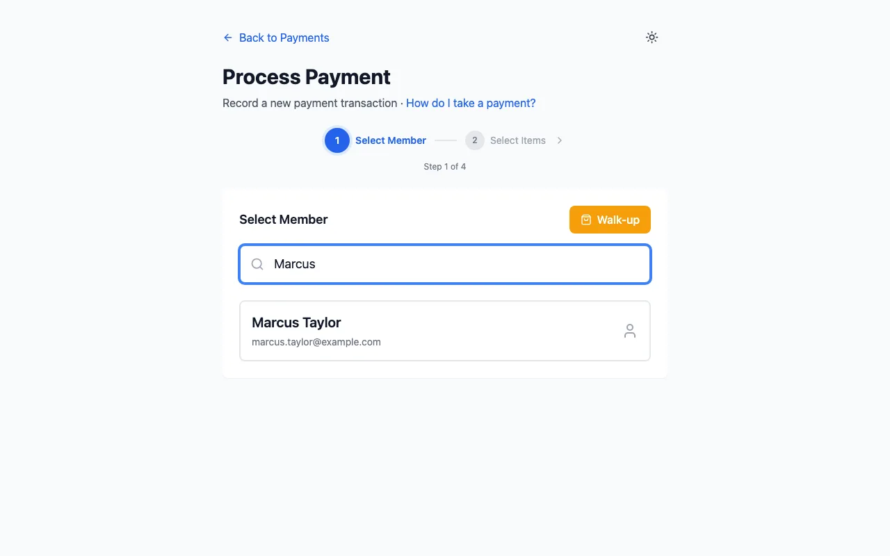 Process Payment, step 1 of 4, Select Member: a search for Marcus finds Marcus Taylor, with a Walk-up button