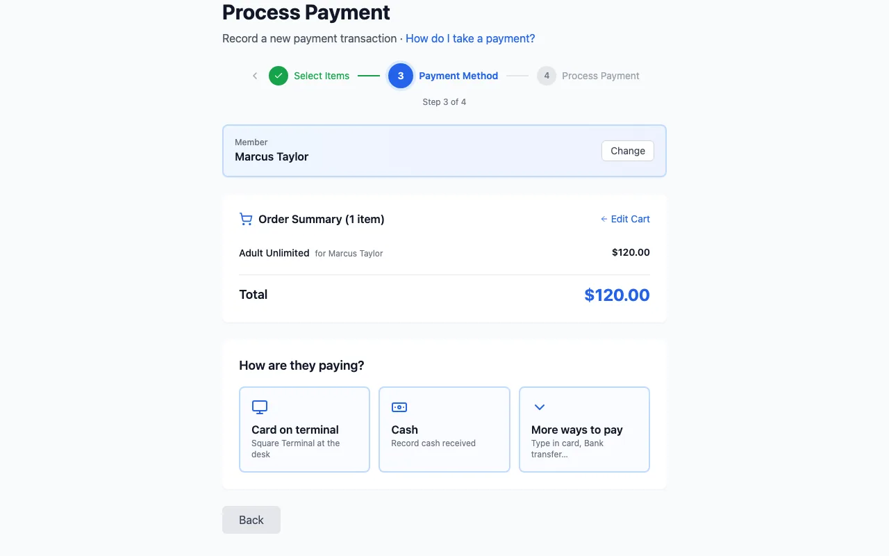 Process Payment, How are they paying?: the order summary and total, the big tiles Card on terminal, Cash and More ways to pay