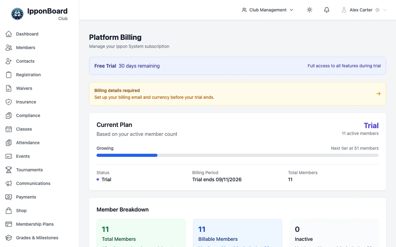 Platform Billing: the Free Trial banner, a Billing details required reminder, the Current Plan card with status and billing period, and the Member Breakdown with Total, Billable and Inactive members