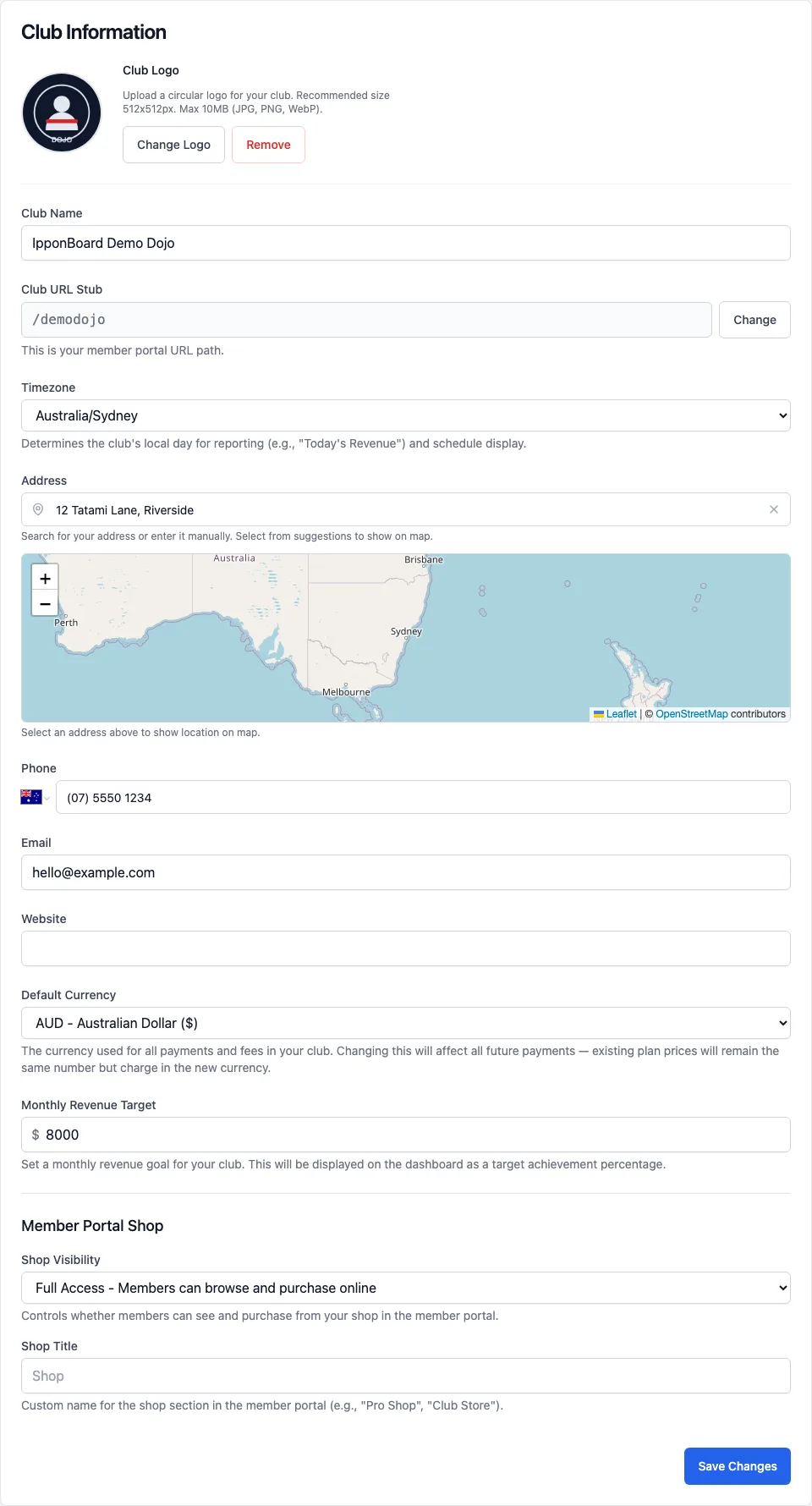 The Club Information card: logo, Club Name, Club URL Stub with a Change button, Timezone, and the Address field with its map