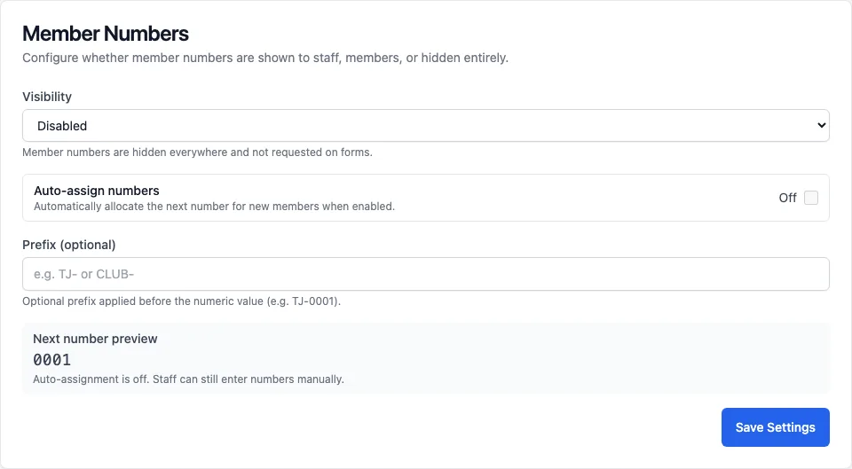 The Member Numbers card: Visibility set to Disabled, Auto-assign numbers off, an empty Prefix, the Next number preview 0001, and Save Settings
