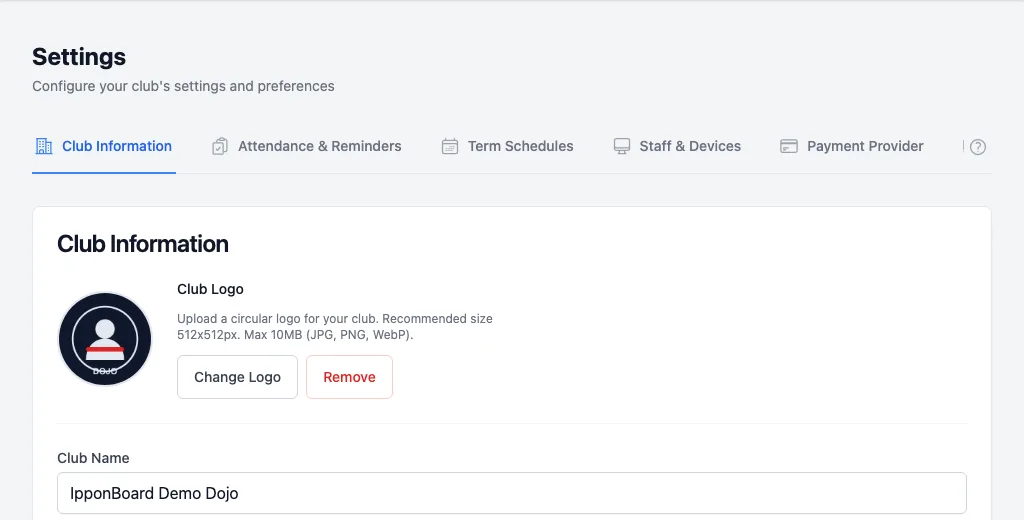 Settings with its tabs: Club Information, Attendance & Reminders, Term Schedules, Staff & Devices and Payment Provider, and the Club Information card with the club logo and name