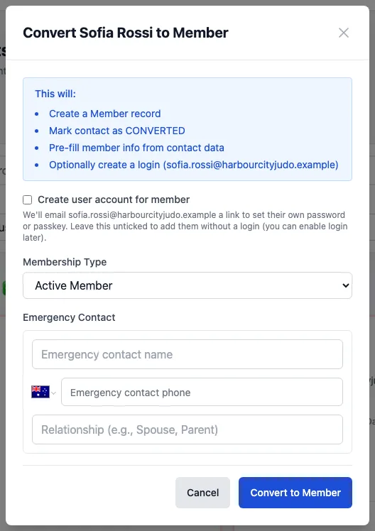 Convert Sofia Rossi to Member: what it will do, Create user account for member (unticked; ticked, it emails her a link to set her own password or passkey), Membership Type Active Member, Emergency Contact fields, and Cancel and Convert to Member