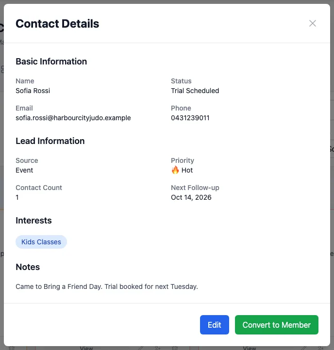 Contact Details for Sofia Rossi: basic information, lead information with source, priority, contact count and next follow-up, interests, notes, and Edit and Convert to Member buttons
