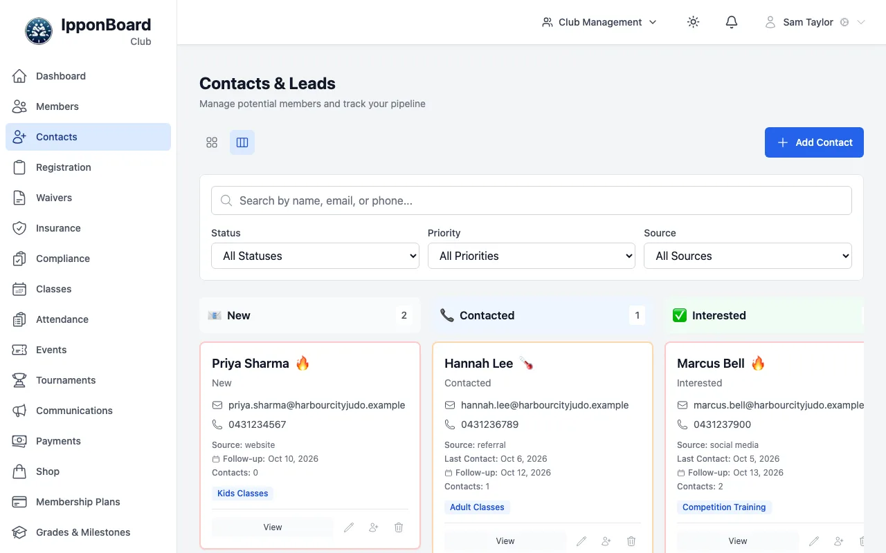 Contacts & Leads in pipeline view: New, Contacted and Interested columns with contact cards, and the search and filters above