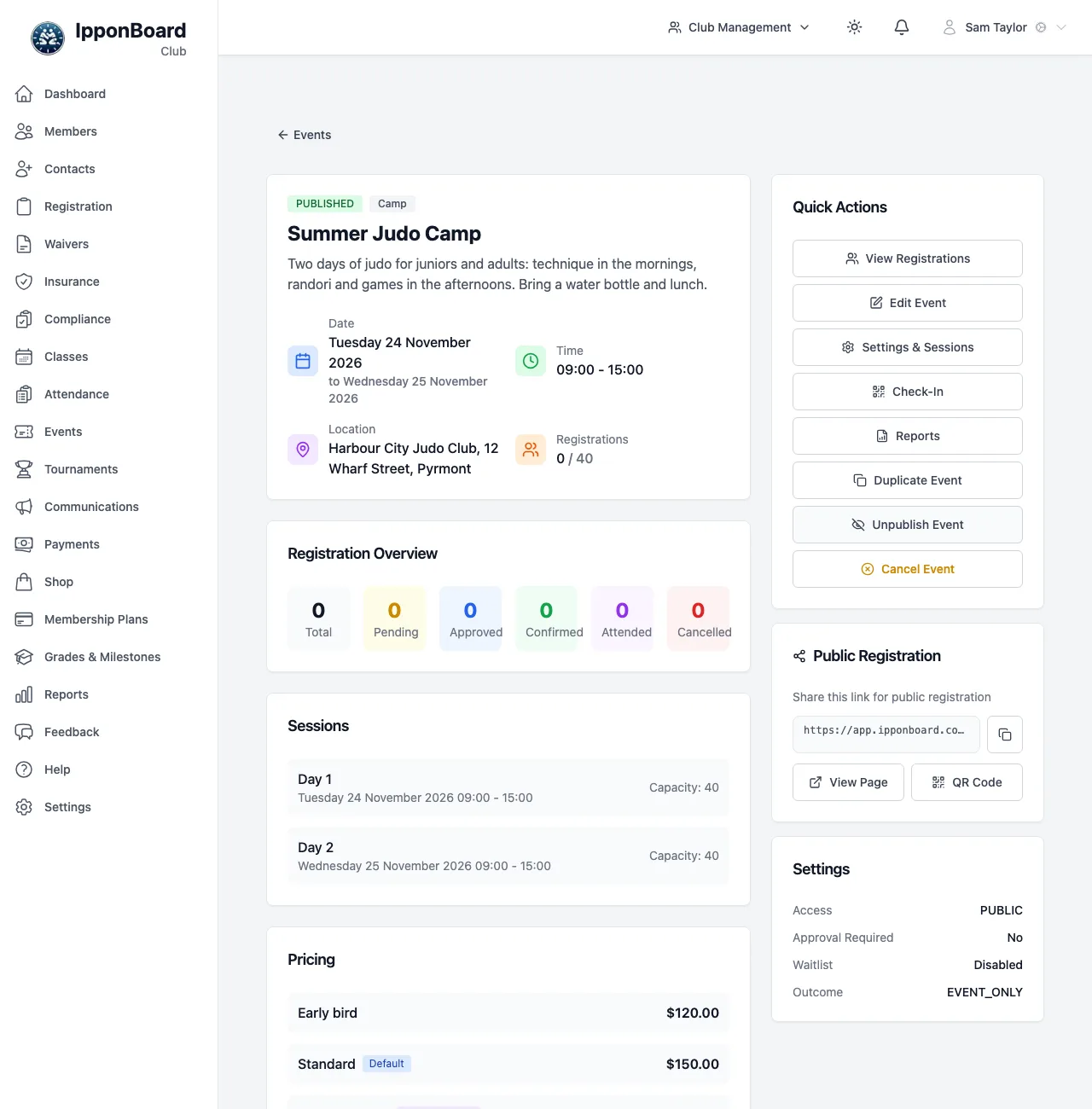 A published event page with Quick Actions, the Public Registration link and the settings summary