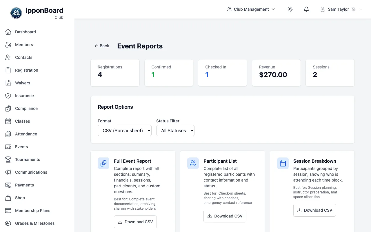 Event Reports: counts across the top, Report Options with Format and Status Filter, and six report cards with Download CSV