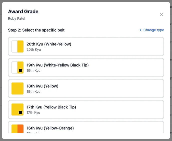 Award Grade, Step 2: the junior belts from 20th Kyu (White-Yellow) down, with their colours