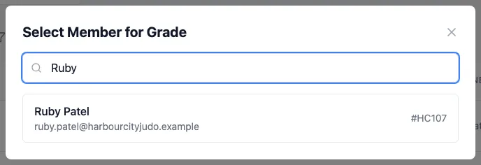 Select Member for Grade, searching for Ruby and finding Ruby Patel