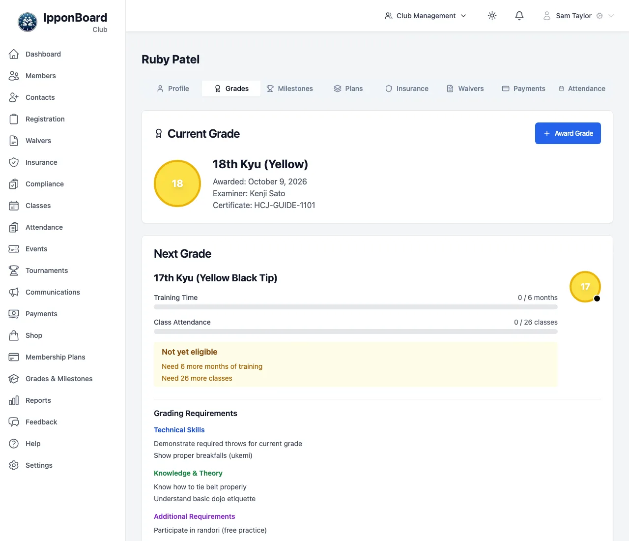 Ruby Patel's Grades tab: Current Grade 18th Kyu (Yellow), Next Grade 17th Kyu (Yellow Black Tip) with Training Time 0/6 months and Class Attendance 0/26 classes, Not yet eligible, and the grading requirements