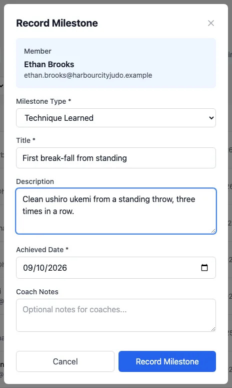 Record Milestone for Ethan Brooks: Milestone Type Technique Learned, Title First break-fall from standing, a Description, Achieved Date, an empty Coach Notes box, and Cancel and Record Milestone