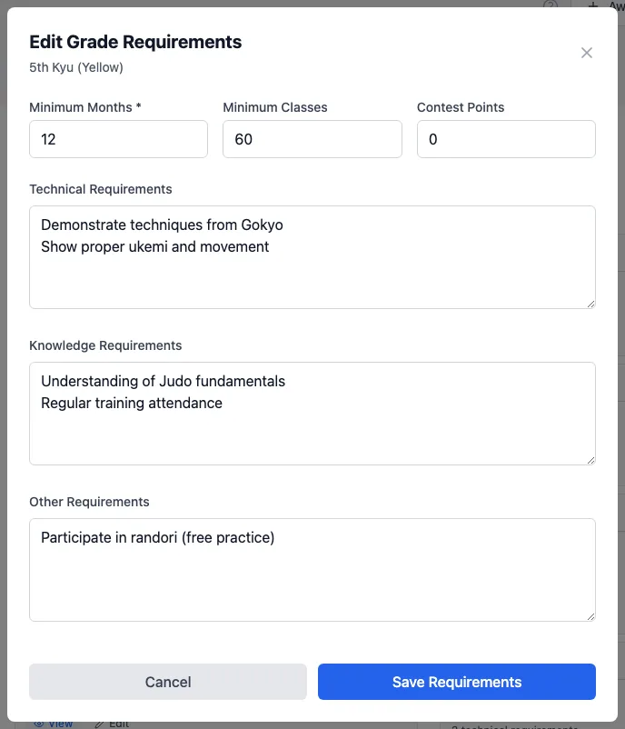 Edit Grade Requirements for 5th Kyu (Yellow): Minimum Months 12, Minimum Classes 60, Contest Points 0, and technical, knowledge and other requirements