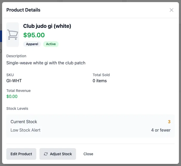 Product Details for Club judo gi (white): $95.00, Apparel, Active, SKU GI-WHT, Total Sold 0 items, Total Revenue $0.00, Current Stock 3, Low Stock Alert 4 or fewer, and Edit Product, Adjust Stock and Close