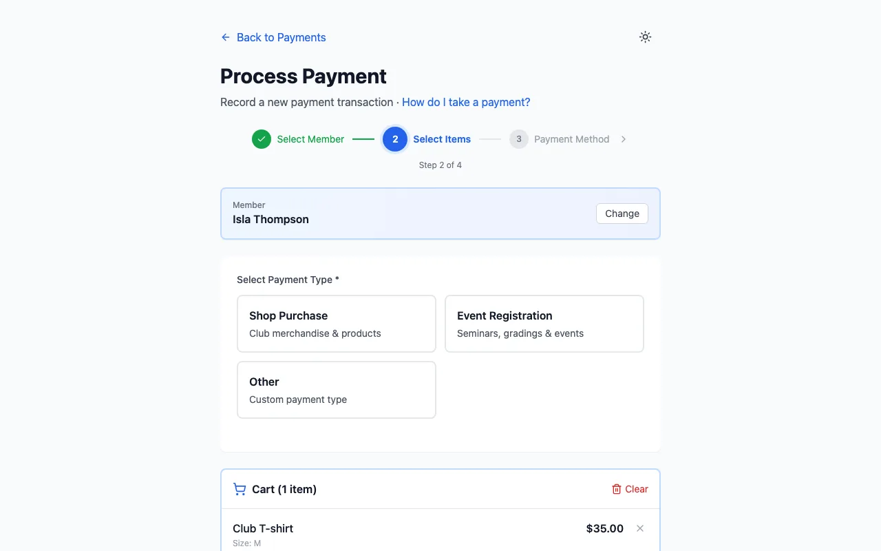 Process Payment, Step 2 Select Items, for Isla Thompson: payment types including Shop Purchase
