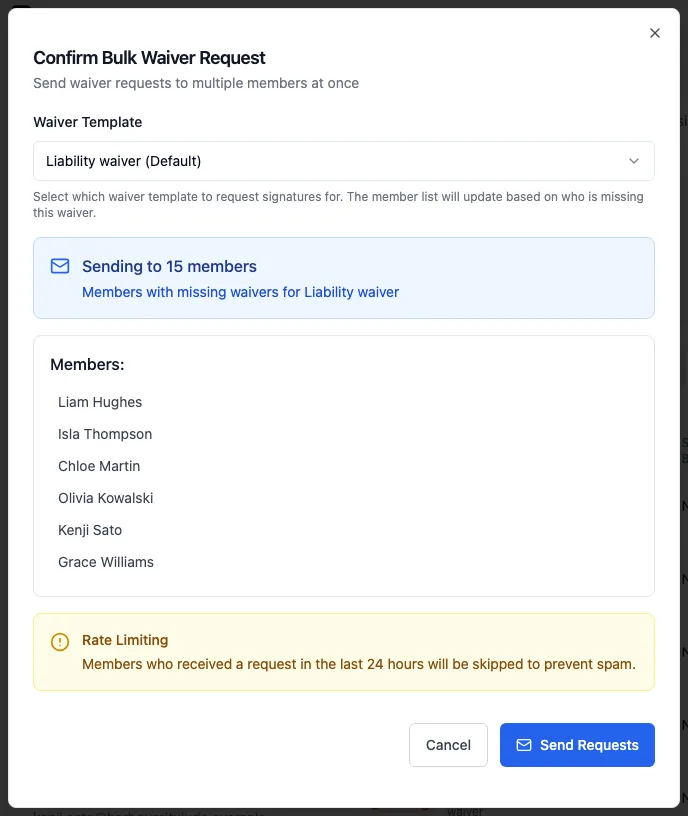Confirm Bulk Waiver Request: Waiver Template, Sending to 15 members, the member list, and a Rate Limiting note