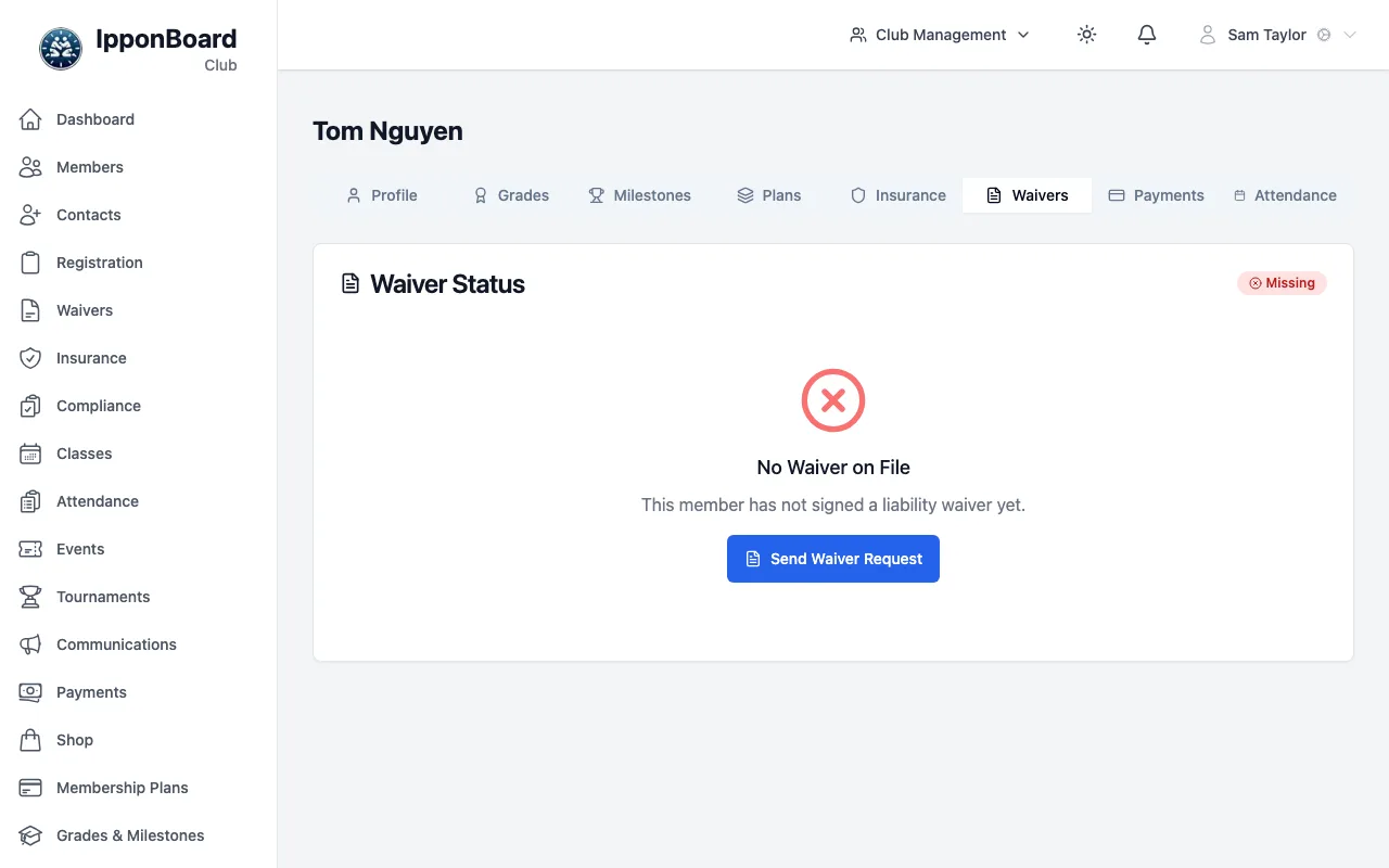 Tom Nguyen's profile, Waivers tab: Waiver Status Missing, No Waiver on File, and the Send Waiver Request button