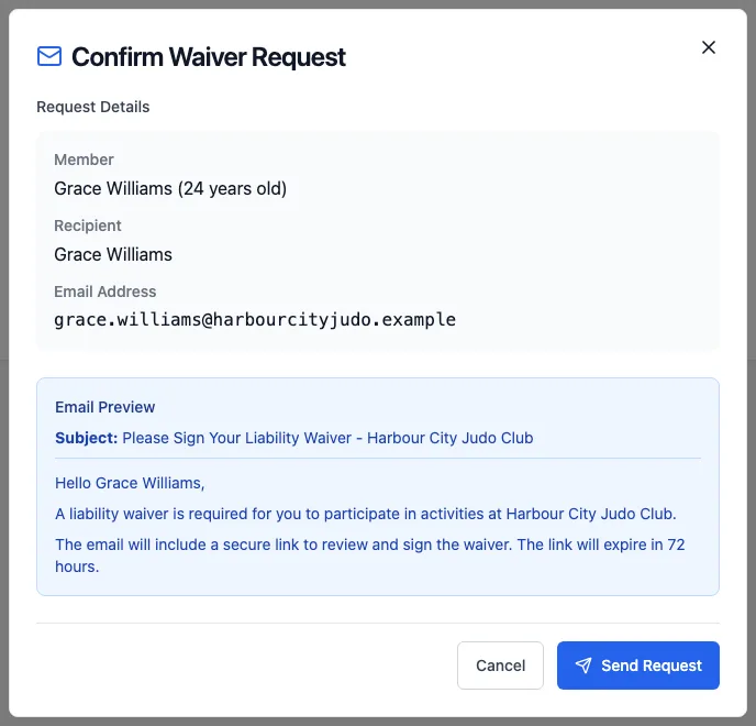 Confirm Waiver Request: member, recipient, email address and email preview