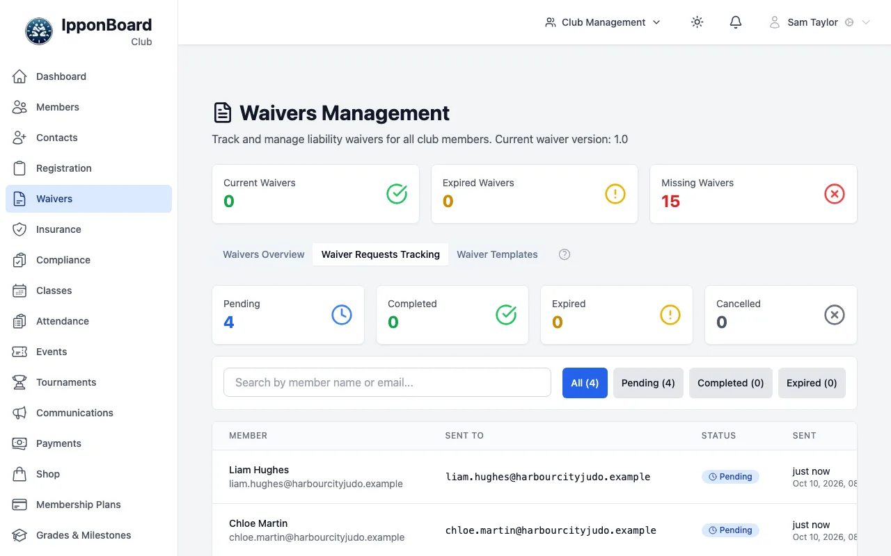 Waiver Requests Tracking: 4 pending, 0 completed, 0 expired, 0 cancelled, and the list of requests with Sent To, Status and Sent