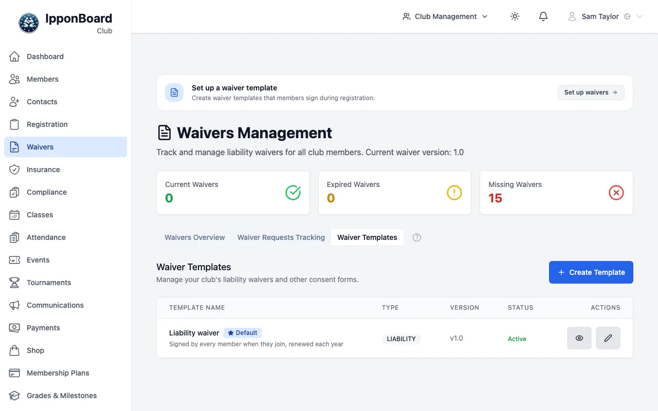 The Waiver Templates tab listing Liability waiver, marked Default, type LIABILITY, v1.0, Active, with view and edit buttons