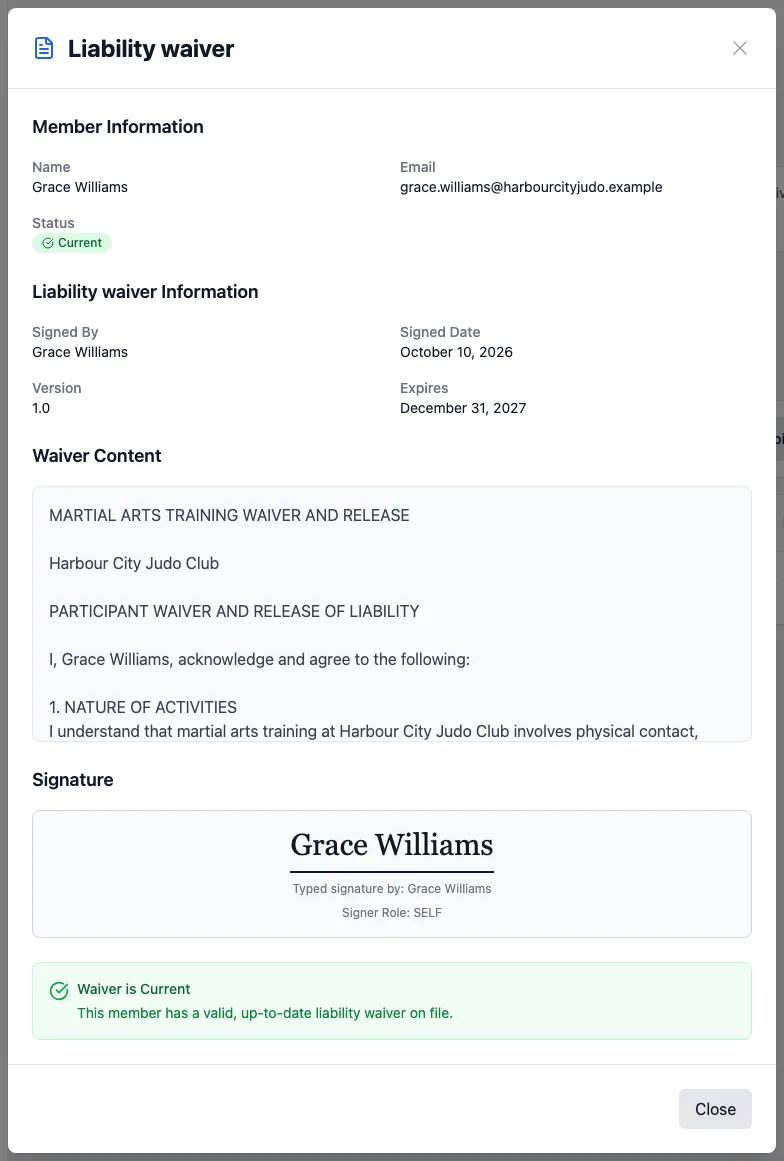Liability waiver for Grace Williams: Signed By, Signed Date, Version, Expires, Waiver Content, the typed signature with Signer Role SELF, and Waiver is Current