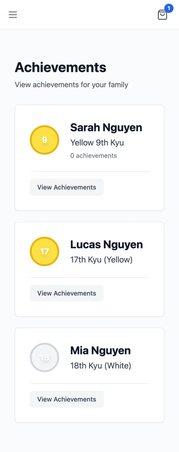 Achievements, View achievements for your family: Sarah Nguyen (Yellow 9th Kyu, 0 achievements), Lucas Nguyen 17th Kyu (Yellow) and Mia Nguyen 18th Kyu (White), each with View Achievements