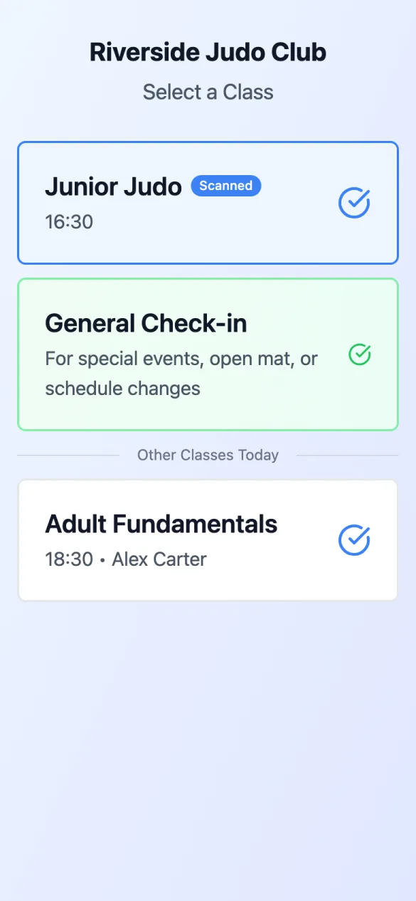 Select a Class: Junior Judo 16:30 marked Scanned, General Check-in, and Adult Fundamentals 18:30 under Other Classes Today