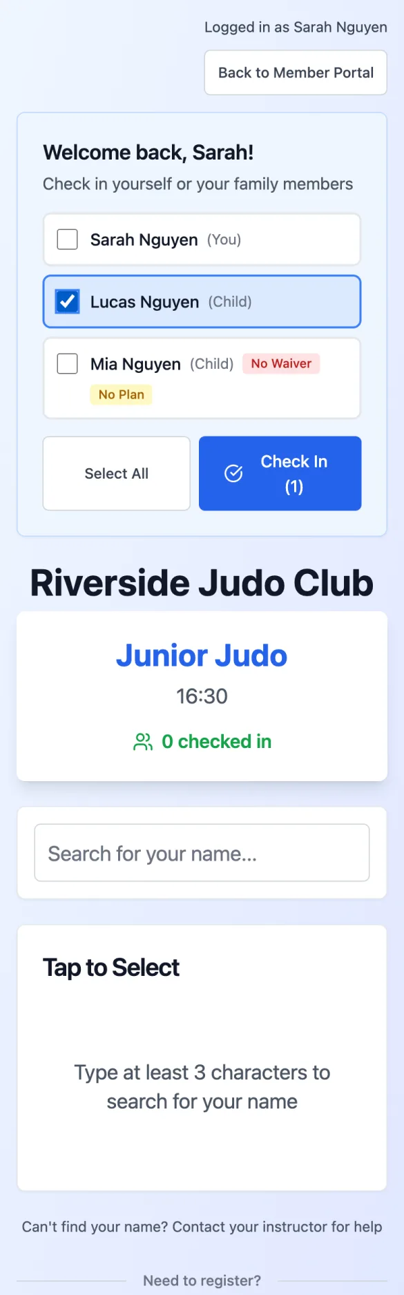 The check-in page: Welcome back, Sarah!, Sarah Nguyen (You), Lucas Nguyen (Child) ticked, Mia Nguyen (Child) with No Waiver and No Plan, then Select All and Check In (1)